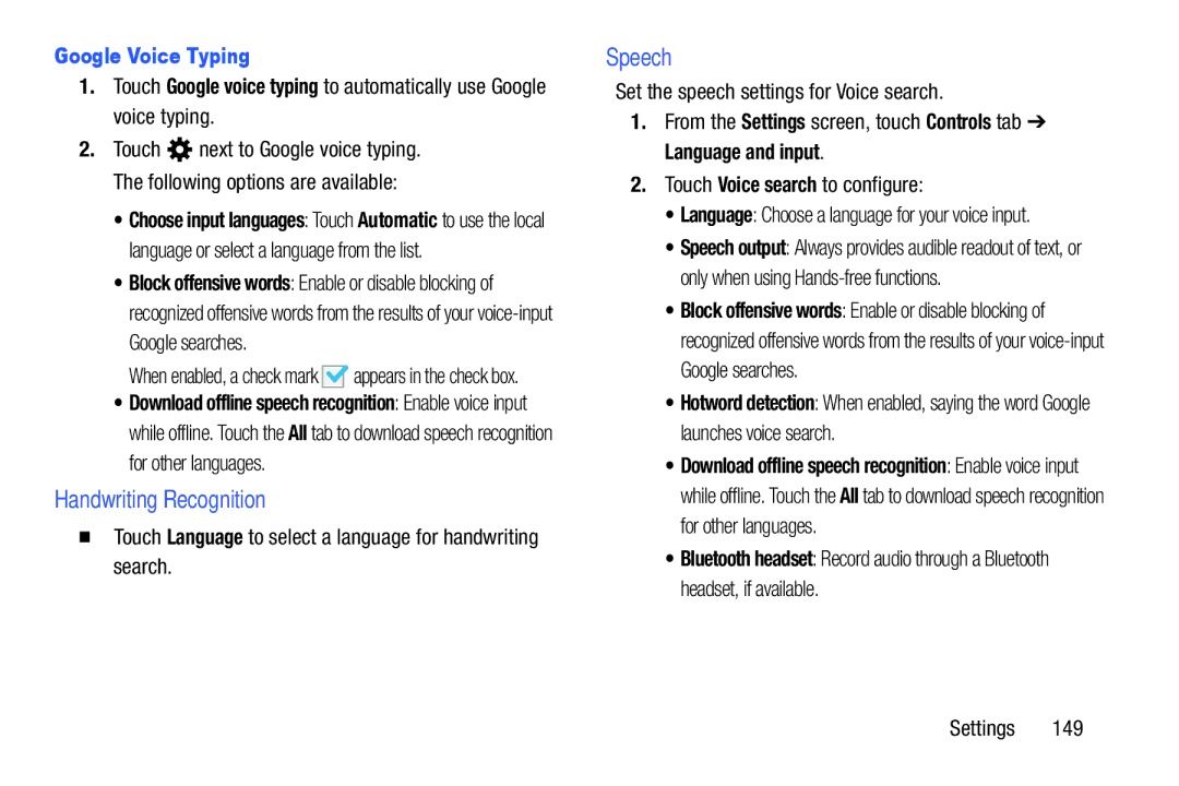 Samsung SM/P6000ZWYX Handwriting Recognition, Speech, Google Voice Typing, Set the speech settings for Voice search 