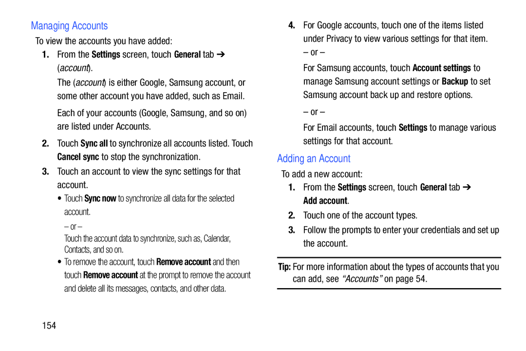 Samsung SMP9000ZKYXAR, SM/P6000ZWYX user manual Managing Accounts, Adding an Account, 154 