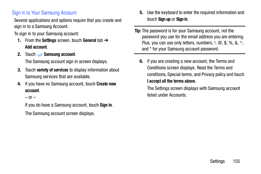 Samsung SM/P6000ZWYX Sign in to Your Samsung Account, Touch Samsung account, Samsung account sign in screen displays 