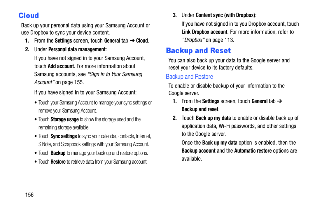 Samsung SMP9000ZKYXAR, SM/P6000ZWYX user manual Cloud, Backup and Reset, Backup and Restore, Under Personal data management 