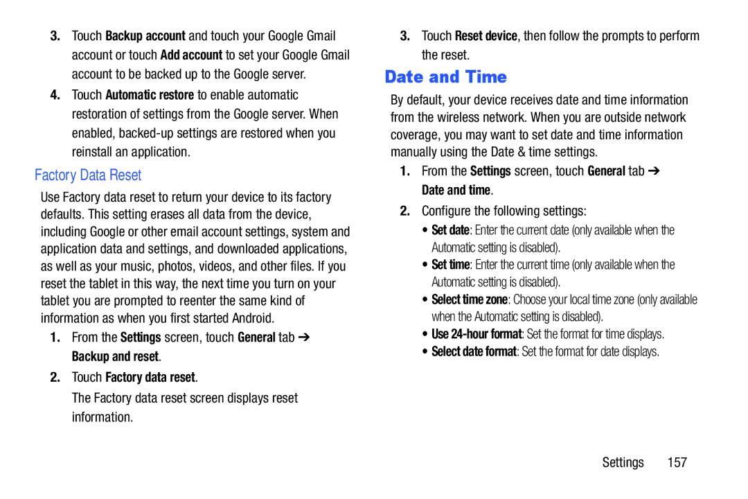 Samsung SM/P6000ZWYX, SMP9000ZKYXAR user manual Date and Time, Factory Data Reset, Touch Factory data reset 