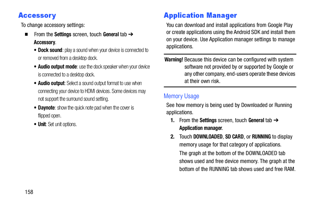 Samsung SMP9000ZKYXAR, SM/P6000ZWYX user manual Accessory, Application Manager, Memory Usage, 158 