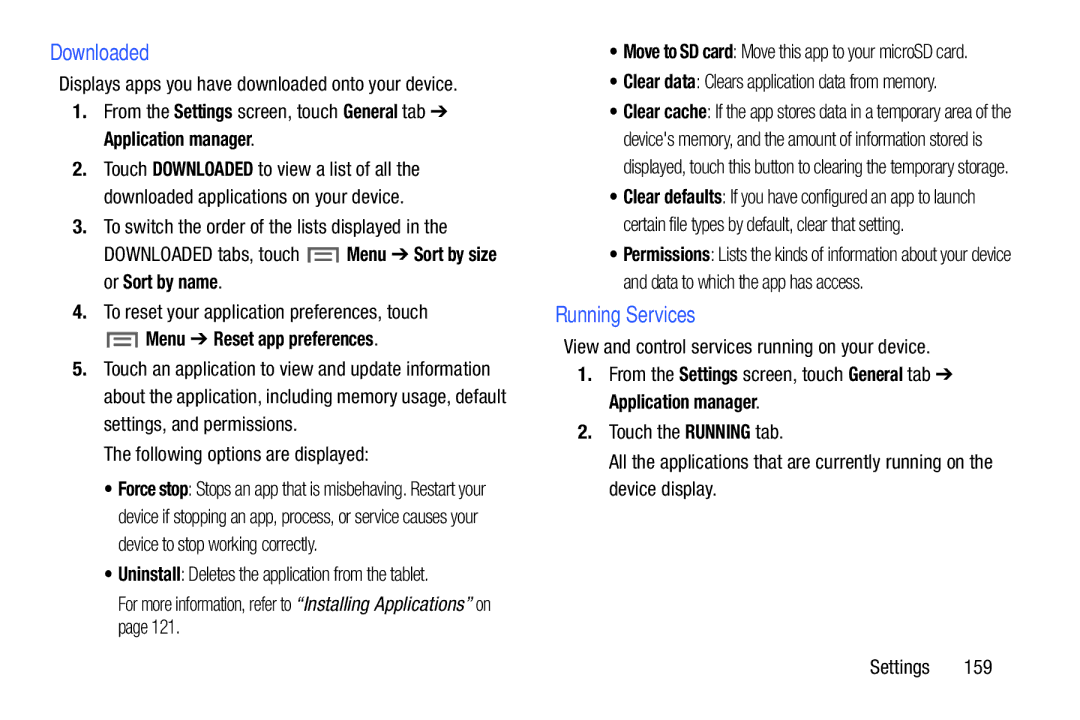 Samsung SM/P6000ZWYX, SMP9000ZKYXAR user manual Downloaded, Running Services, Menu Reset app preferences 