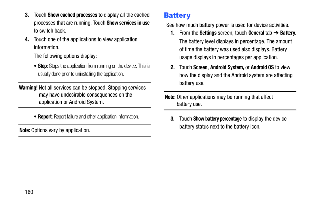 Samsung SMP9000ZKYXAR, SM/P6000ZWYX user manual 160, See how much battery power is used for device activities 