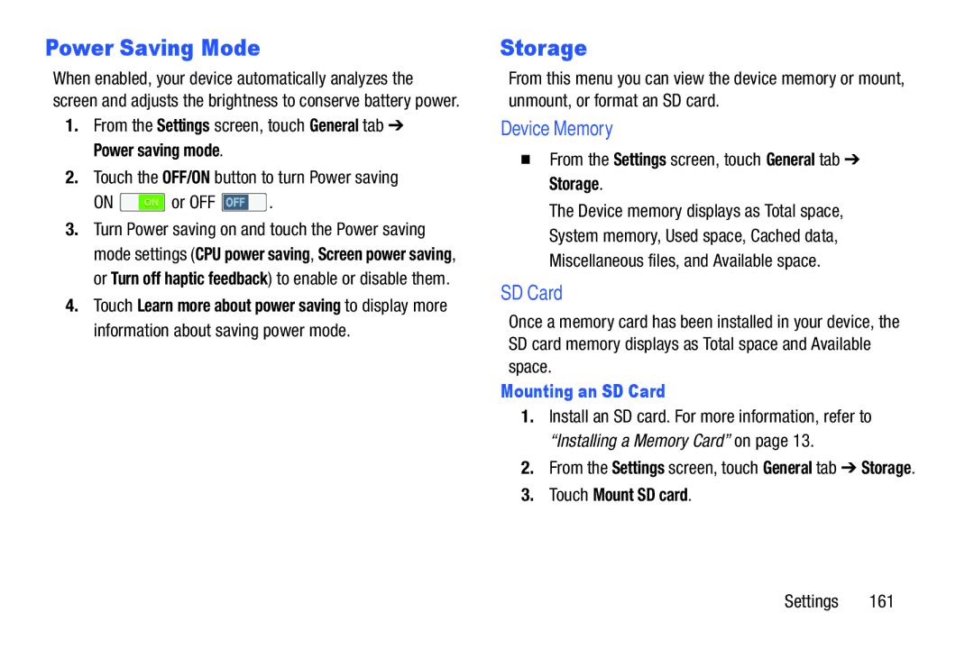 Samsung SM/P6000ZWYX, SMP9000ZKYXAR user manual Power Saving Mode, Storage, Device Memory, Mounting an SD Card 