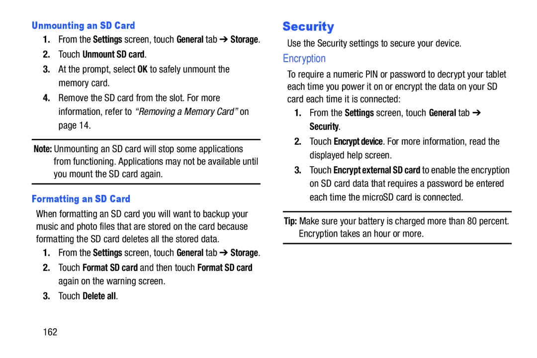 Samsung SMP9000ZKYXAR, SM/P6000ZWYX user manual Security, Encryption, Unmounting an SD Card, Formatting an SD Card 