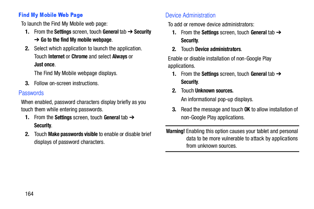 Samsung SMP9000ZKYXAR, SM/P6000ZWYX Passwords, Device Administration, Find My Mobile Web, Touch Device administrators 