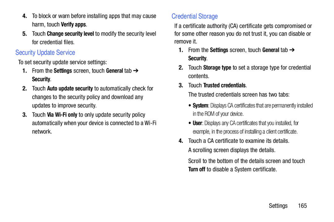 Samsung SM/P6000ZWYX, SMP9000ZKYXAR user manual Security Update Service, Credential Storage, Touch Trusted credentials 