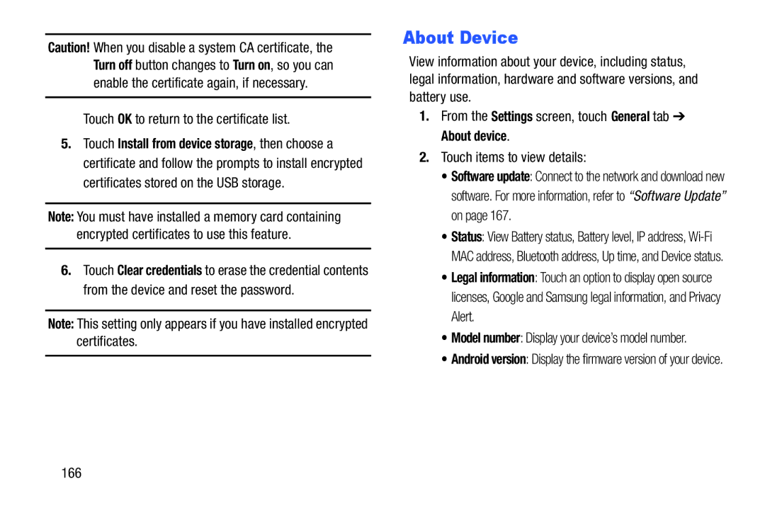 Samsung SMP9000ZKYXAR, SM/P6000ZWYX user manual About Device, Touch OK to return to the certificate list, 166 