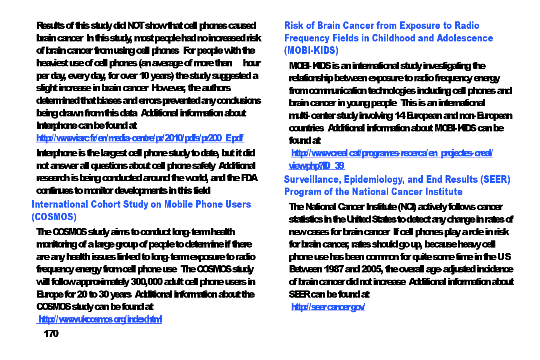 Samsung SMP9000ZKYXAR, SM/P6000ZWYX user manual International Cohort Study on Mobile Phone Users Cosmos, 170 