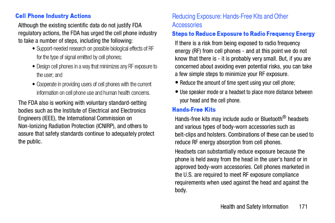 Samsung SM/P6000ZWYX user manual Reducing Exposure Hands-Free Kits and Other Accessories, Cell Phone Industry Actions, 171 