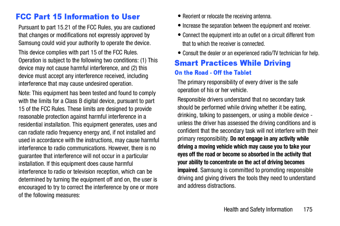 Samsung SM/P6000ZWYX user manual FCC Part 15 Information to User, Smart Practices While Driving, On the Road Off the Tablet 