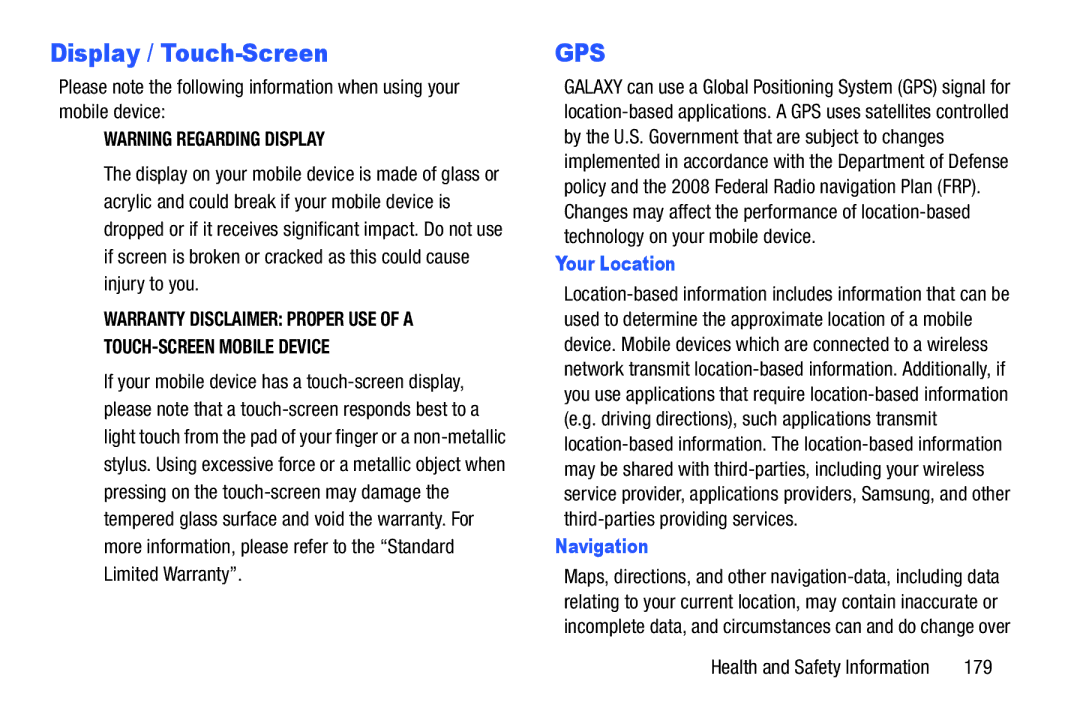 Samsung SM/P6000ZWYX, SMP9000ZKYXAR user manual Display / Touch-Screen, Your Location, Navigation 