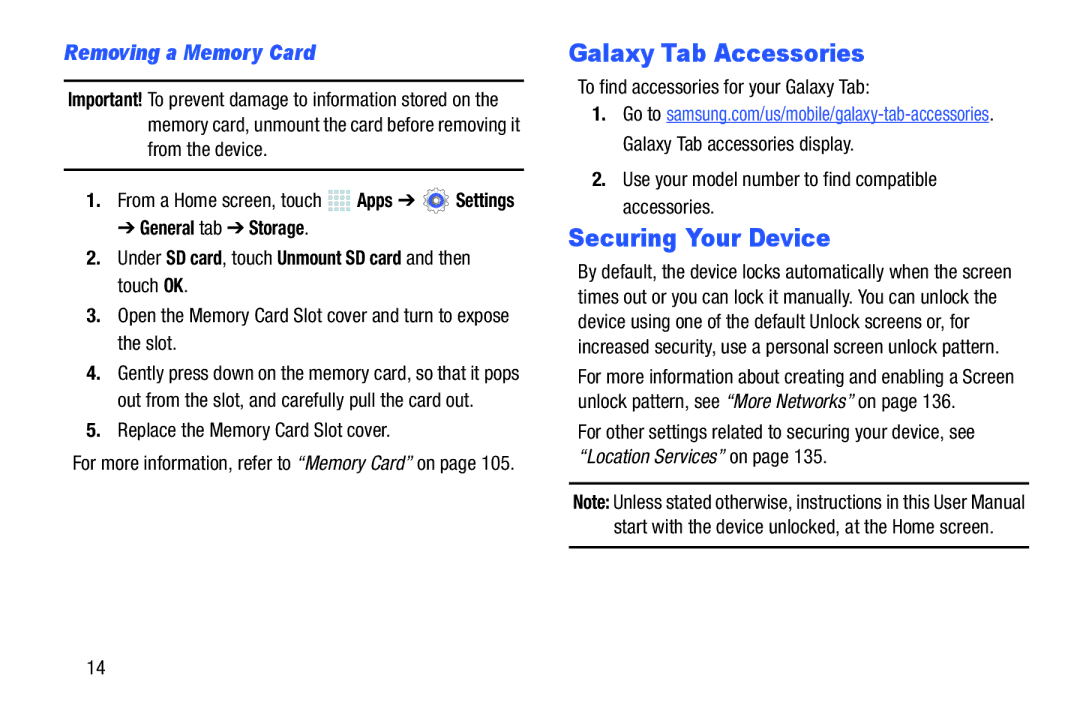 Samsung SMP9000ZKYXAR, SM/P6000ZWYX user manual Galaxy Tab Accessories, Securing Your Device, Removing a Memory Card 