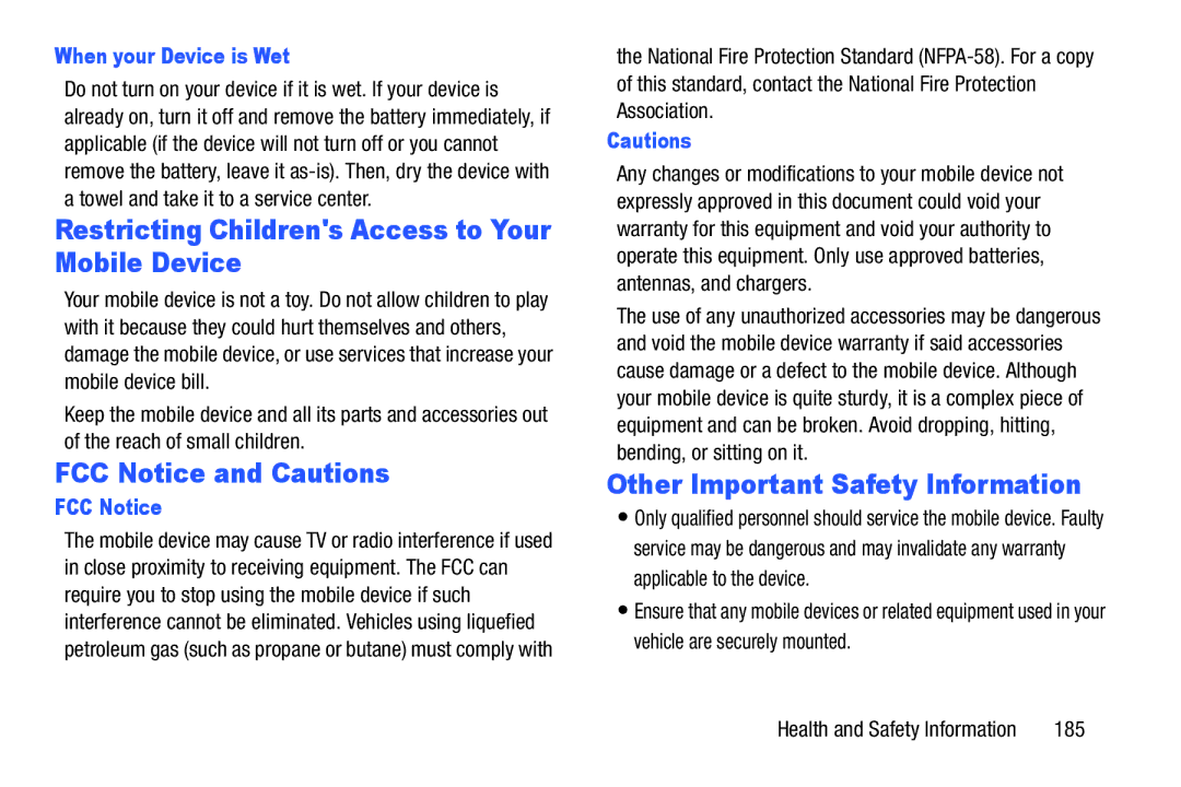 Samsung SM/P6000ZWYX Restricting Childrens Access to Your Mobile Device, FCC Notice and Cautions, When your Device is Wet 