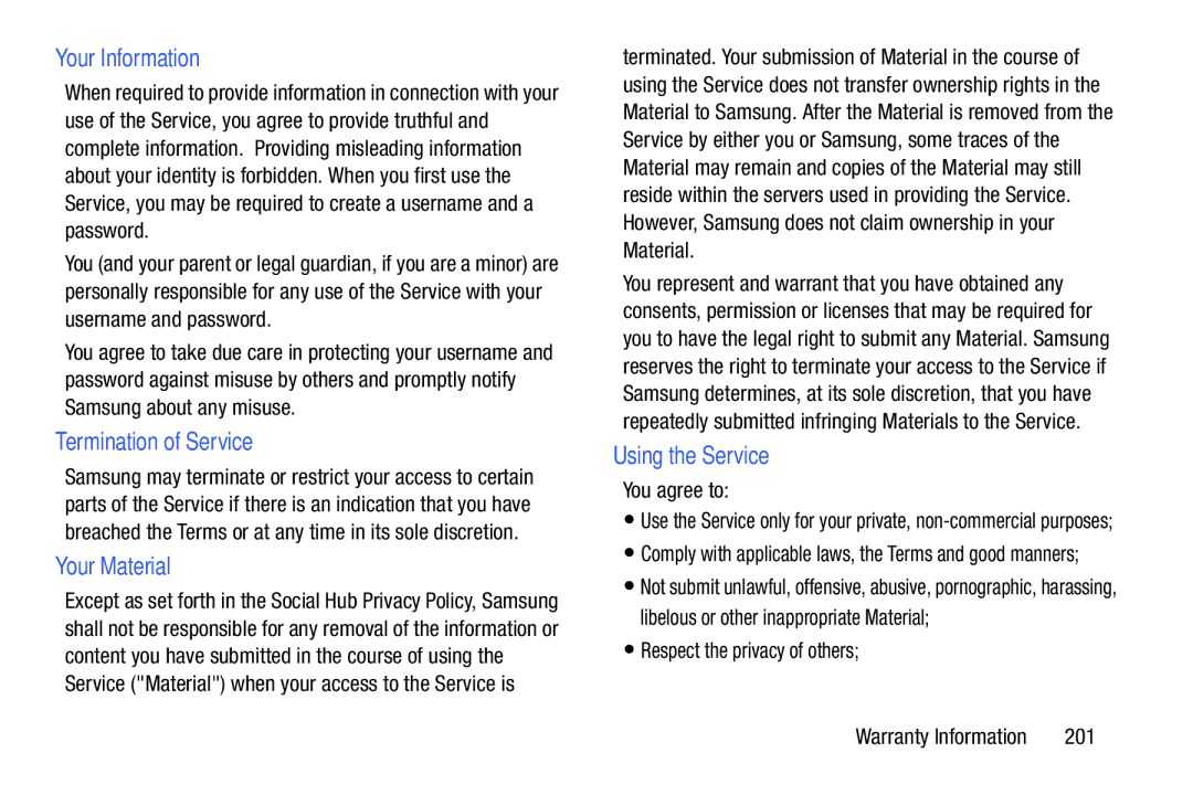 Samsung SM/P6000ZWYX, SMP9000ZKYXAR user manual Your Information, Termination of Service, Your Material, Using the Service 