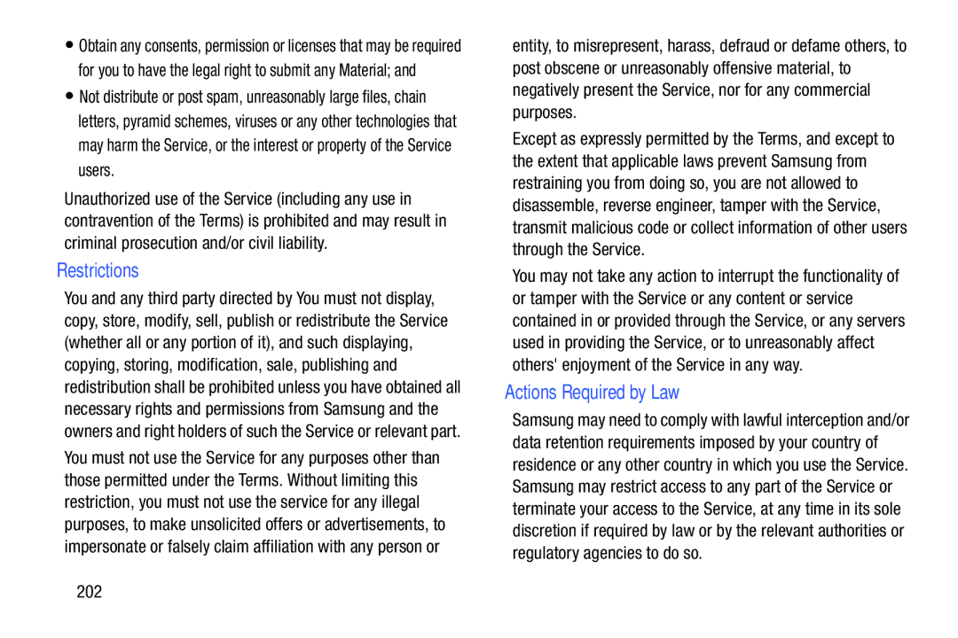 Samsung SMP9000ZKYXAR, SM/P6000ZWYX user manual Restrictions, Actions Required by Law, 202 