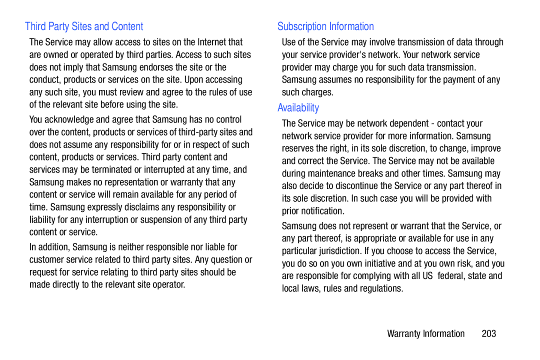 Samsung SM/P6000ZWYX, SMP9000ZKYXAR user manual Third Party Sites and Content, Subscription Information, Availability, 203 