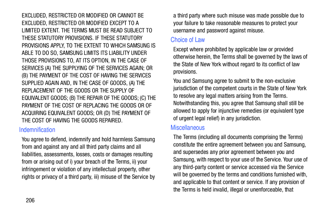 Samsung SMP9000ZKYXAR, SM/P6000ZWYX user manual Indemnification, Choice of Law, Miscellaneous, 206 