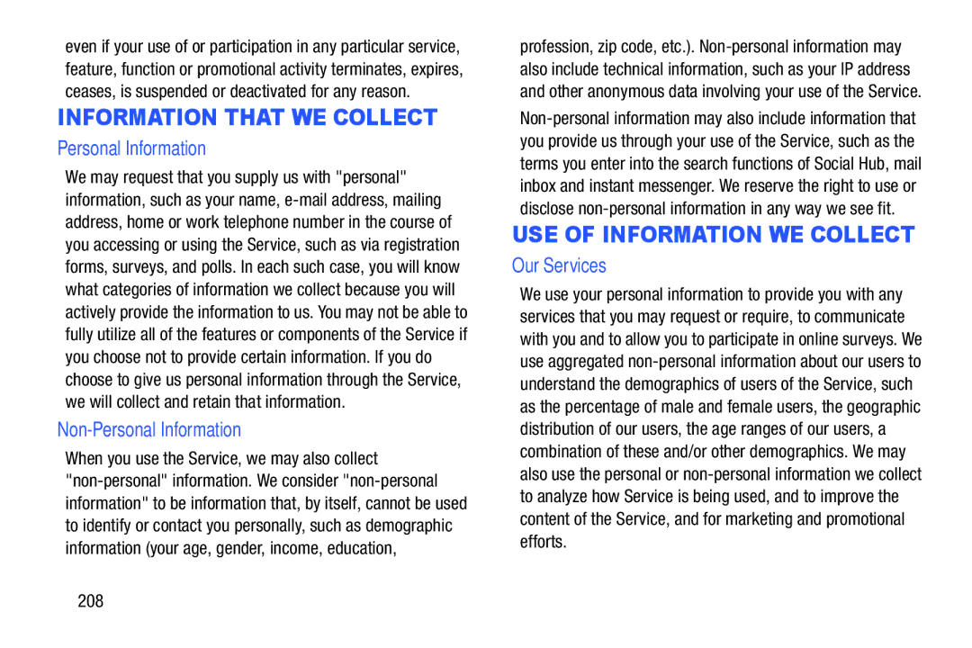 Samsung SMP9000ZKYXAR, SM/P6000ZWYX user manual Non-Personal Information, Our Services, 208 