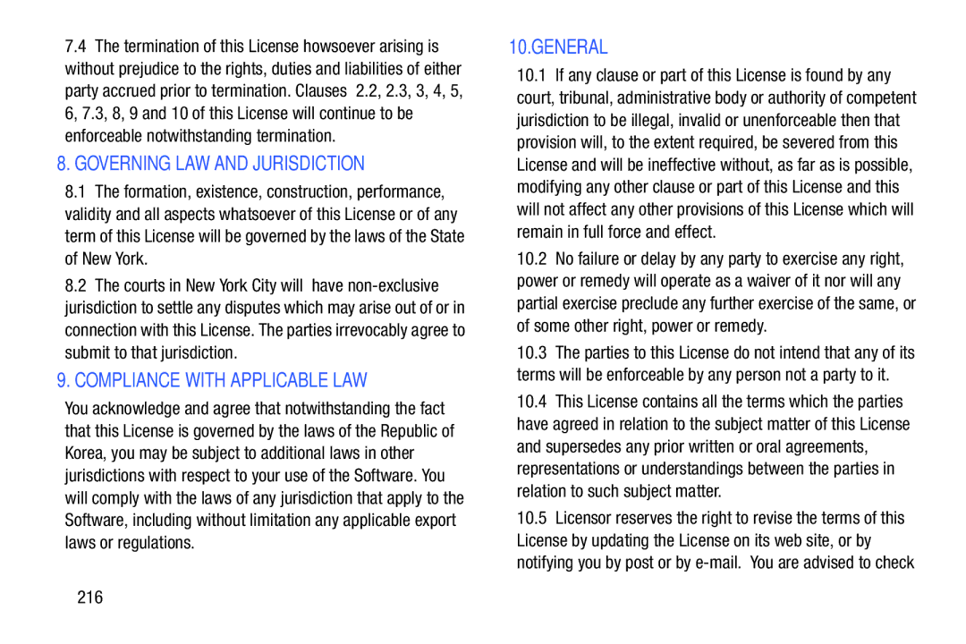 Samsung SMP9000ZKYXAR, SM/P6000ZWYX user manual Enforceable notwithstanding termination, Submit to that jurisdiction, 216 