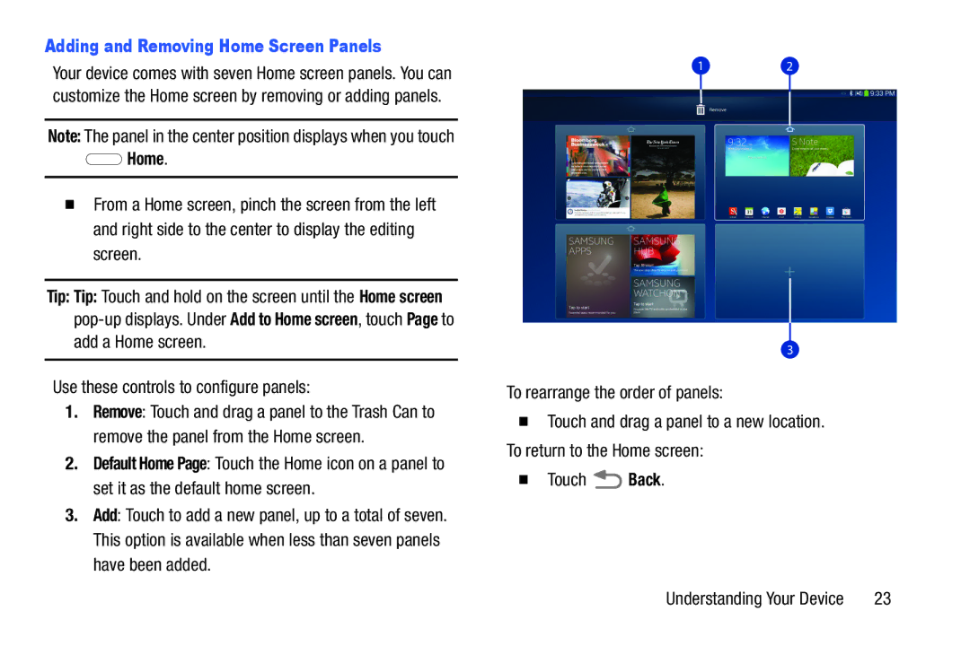 Samsung SM/P6000ZWYX, SMP9000ZKYXAR Adding and Removing Home Screen Panels, Use these controls to configure panels 