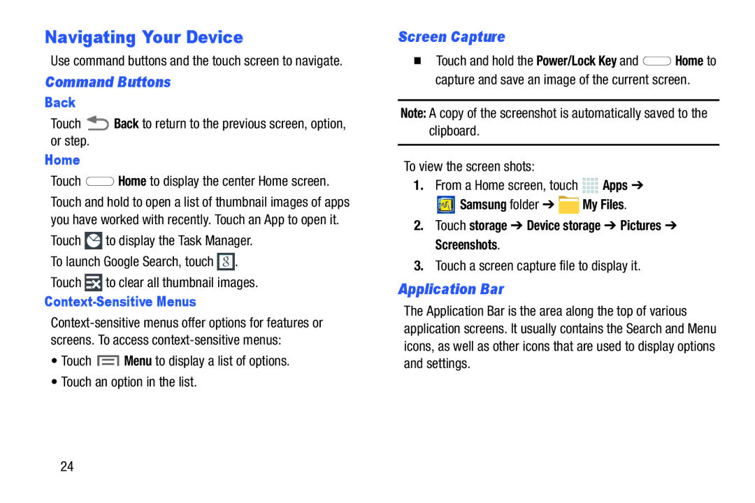 Samsung SMP9000ZKYXAR, SM/P6000ZWYX user manual Navigating Your Device, Command Buttons, Screen Capture, Application Bar 