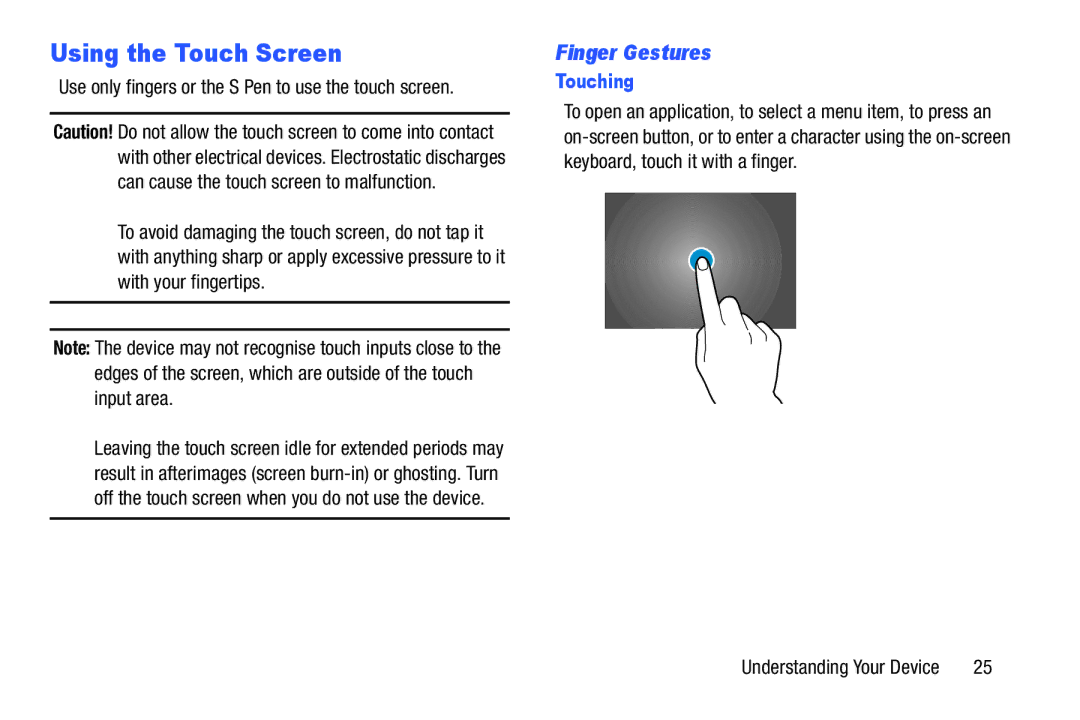 Samsung SM/P6000ZWYX Using the Touch Screen, Finger Gestures, Use only fingers or the S Pen to use the touch screen 