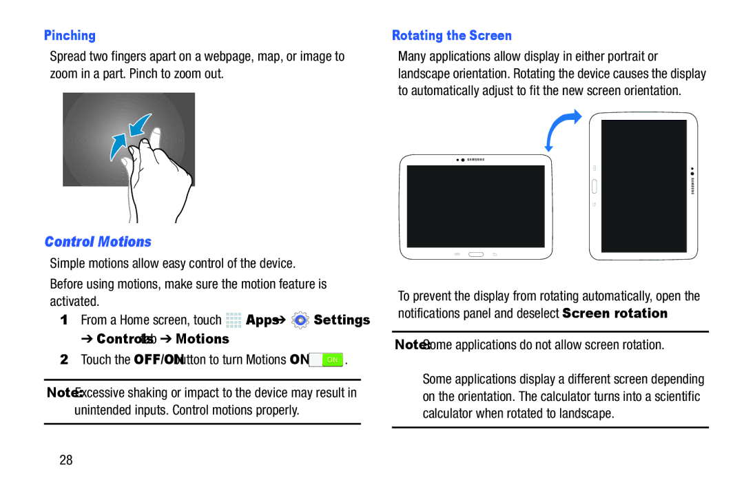 Samsung SMP9000ZKYXAR, SM/P6000ZWYX user manual Control Motions, Pinching, Controls tab Motions, Rotating the Screen 