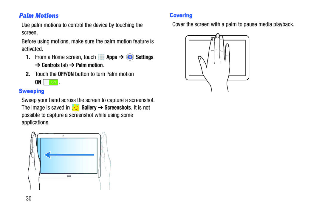 Samsung SMP9000ZKYXAR, SM/P6000ZWYX user manual Palm Motions, Controls tab Palm motion, Sweeping, Covering 