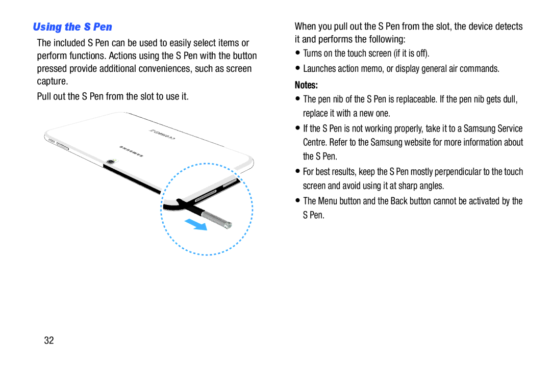 Samsung SMP9000ZKYXAR, SM/P6000ZWYX user manual Using the S Pen 