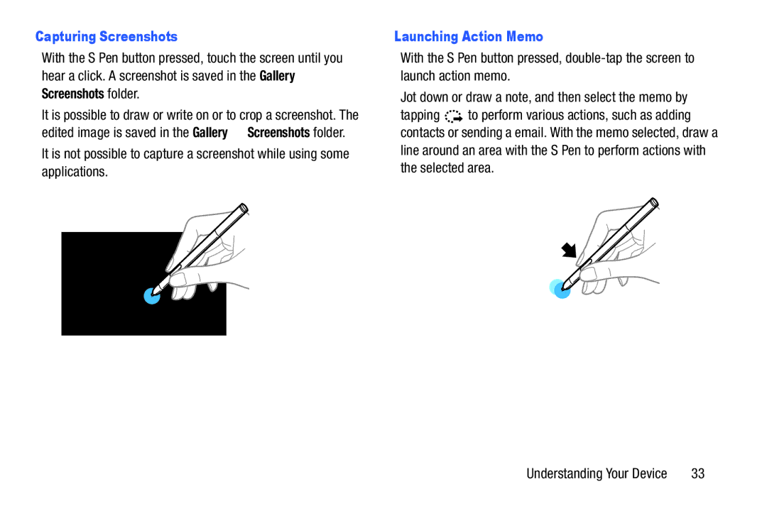 Samsung SM/P6000ZWYX, SMP9000ZKYXAR user manual Capturing Screenshots, Launching Action Memo 