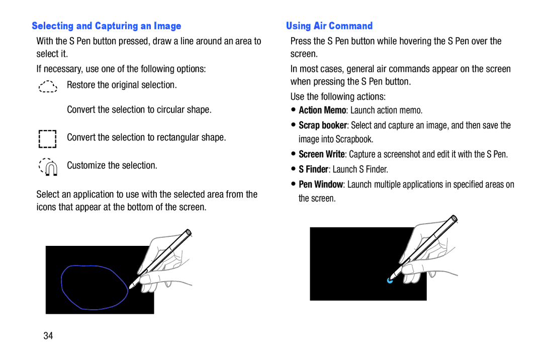 Samsung SMP9000ZKYXAR, SM/P6000ZWYX user manual Selecting and Capturing an Image, Using Air Command 