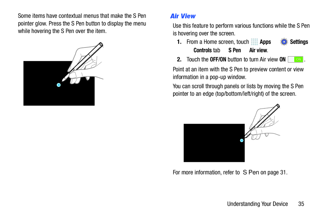 Samsung SM/P6000ZWYX, SMP9000ZKYXAR Air View, Controls tab S Pen Air view, For more information, refer to S Pen on 