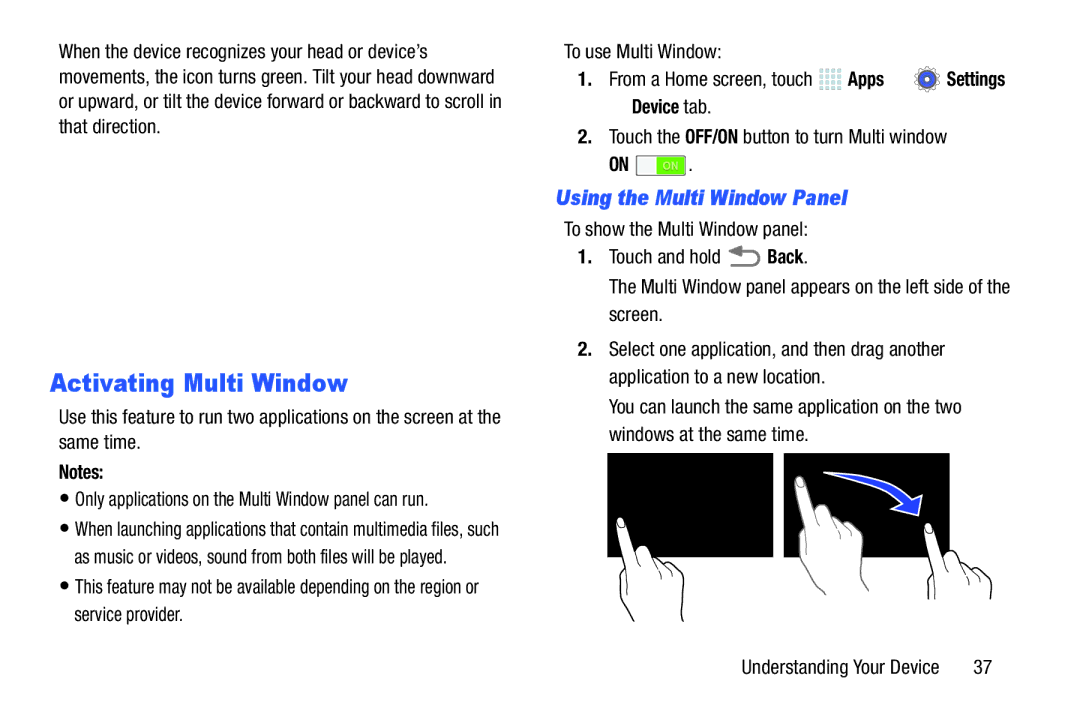 Samsung SM/P6000ZWYX, SMP9000ZKYXAR user manual Activating Multi Window, Using the Multi Window Panel, Device tab 