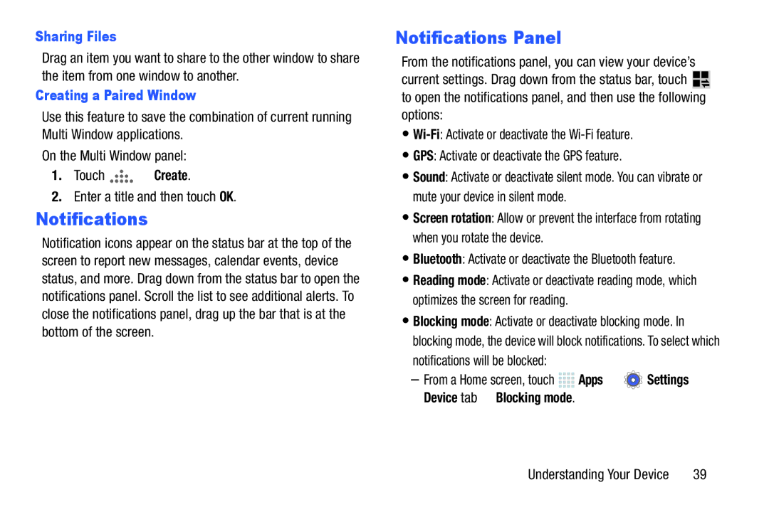 Samsung SM/P6000ZWYX, SMP9000ZKYXAR user manual Notifications Panel, Sharing Files, Creating a Paired Window 