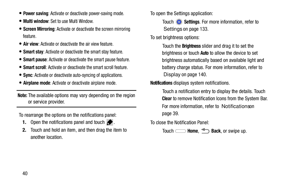 Samsung SMP9000ZKYXAR, SM/P6000ZWYX user manual To set brightness options, Notifications displays system notifications 