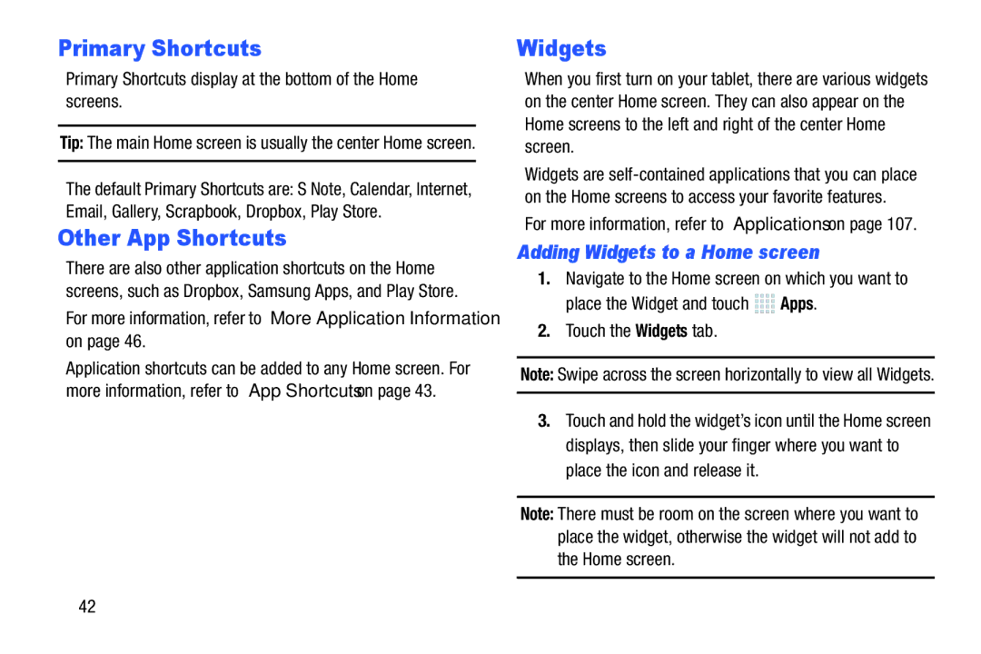 Samsung SMP9000ZKYXAR, SM/P6000ZWYX user manual Primary Shortcuts, Other App Shortcuts, Adding Widgets to a Home screen 