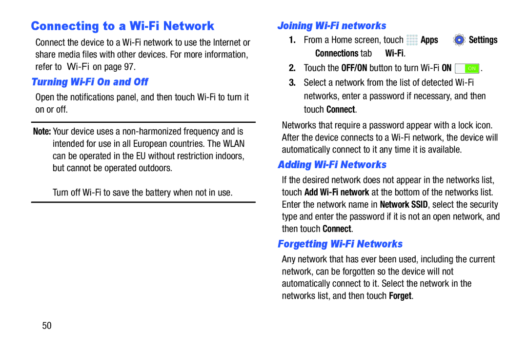 Samsung SMP9000ZKYXAR, SM/P6000ZWYX Connecting to a Wi-Fi Network, Turning Wi-Fi On and Off, Joining Wi-Fi networks 