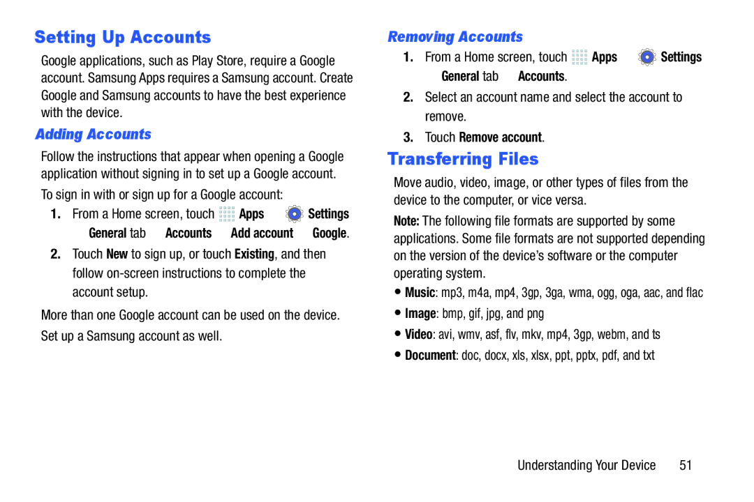 Samsung SM/P6000ZWYX, SMP9000ZKYXAR user manual Setting Up Accounts, Transferring Files, Adding Accounts, Removing Accounts 