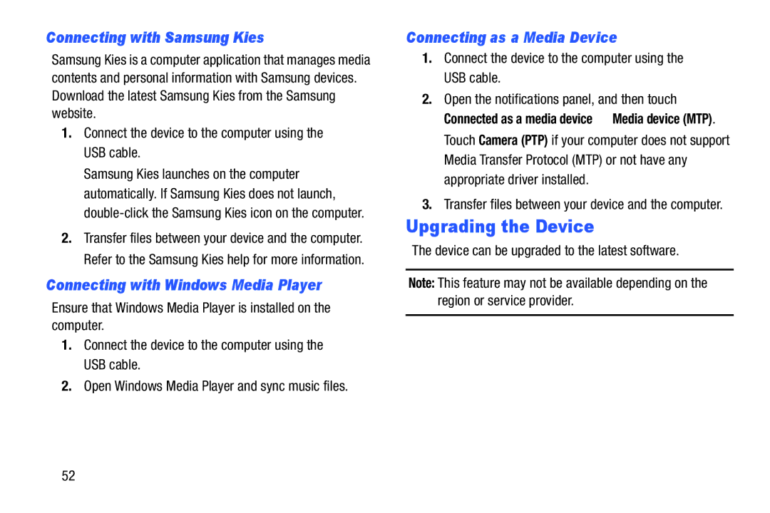 Samsung SMP9000ZKYXAR user manual Upgrading the Device, Connecting with Samsung Kies, Connecting with Windows Media Player 