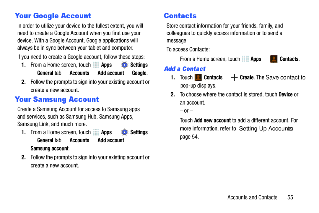 Samsung SM/P6000ZWYX, SMP9000ZKYXAR user manual Your Google Account, Your Samsung Account, Contacts, Add a Contact 