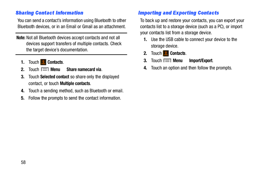 Samsung SMP9000ZKYXAR, SM/P6000ZWYX user manual Sharing Contact Information, Importing and Exporting Contacts 