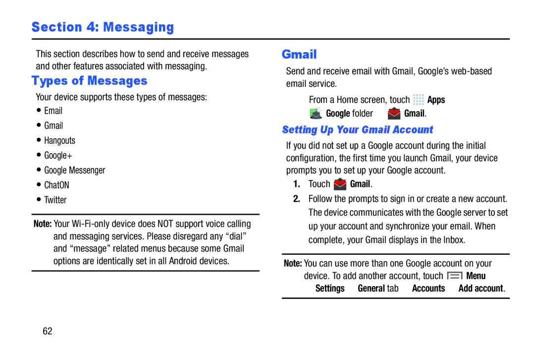 Samsung SMP9000ZKYXAR, SM/P6000ZWYX user manual Types of Messages, Setting Up Your Gmail Account, Google folder Gmail 