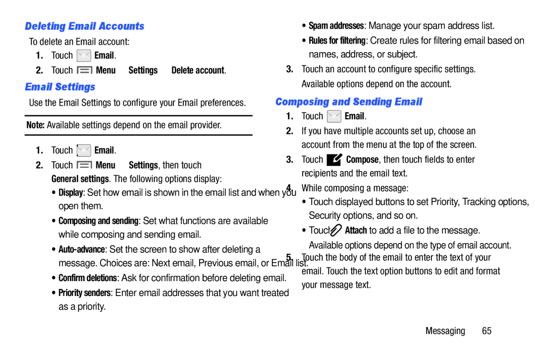 Samsung SM/P6000ZWYX Deleting Email Accounts, Email Settings, Composing and Sending Email, While composing a message 