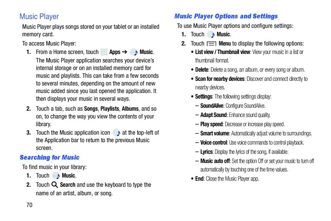 Samsung SMP9000ZKYXAR, SM/P6000ZWYX user manual Searching for Music, Music Player Options and Settings 