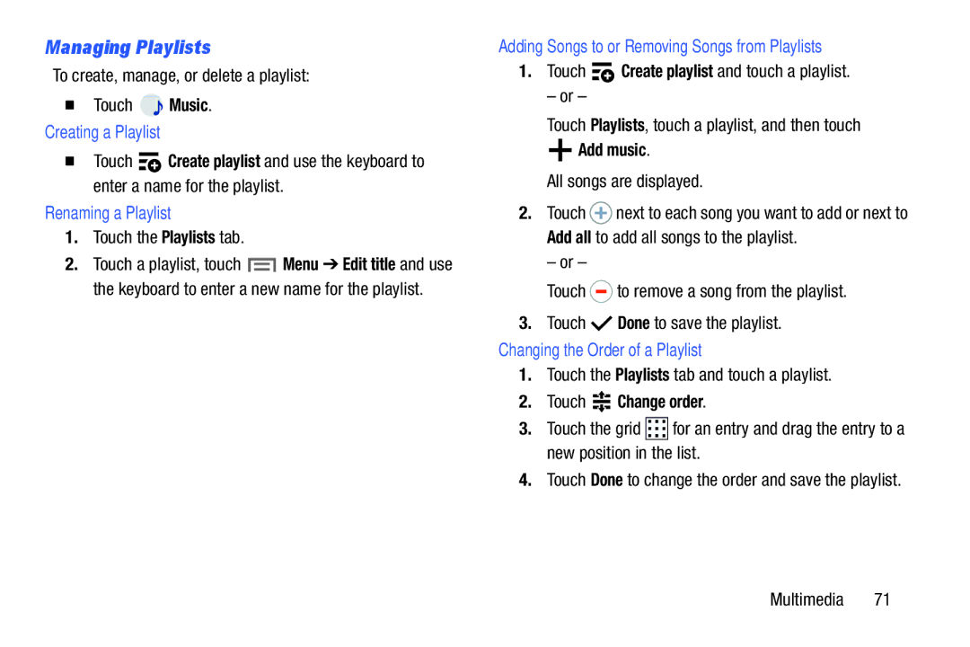 Samsung SM/P6000ZWYX Managing Playlists, Creating a Playlist, Renaming a Playlist, Changing the Order of a Playlist 