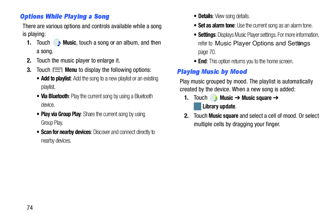 Samsung SMP9000ZKYXAR, SM/P6000ZWYX Options While Playing a Song, Playing Music by Mood, Details View song details 