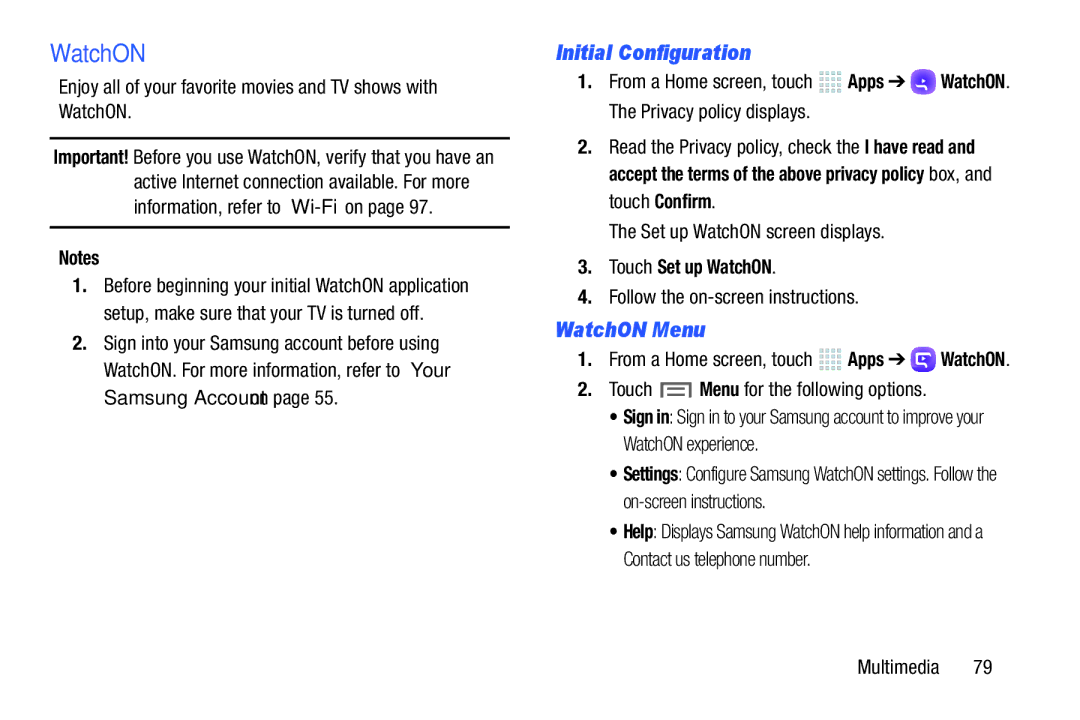 Samsung SM/P6000ZWYX, SMP9000ZKYXAR user manual Initial Configuration, WatchON Menu, Touch Set up WatchON 