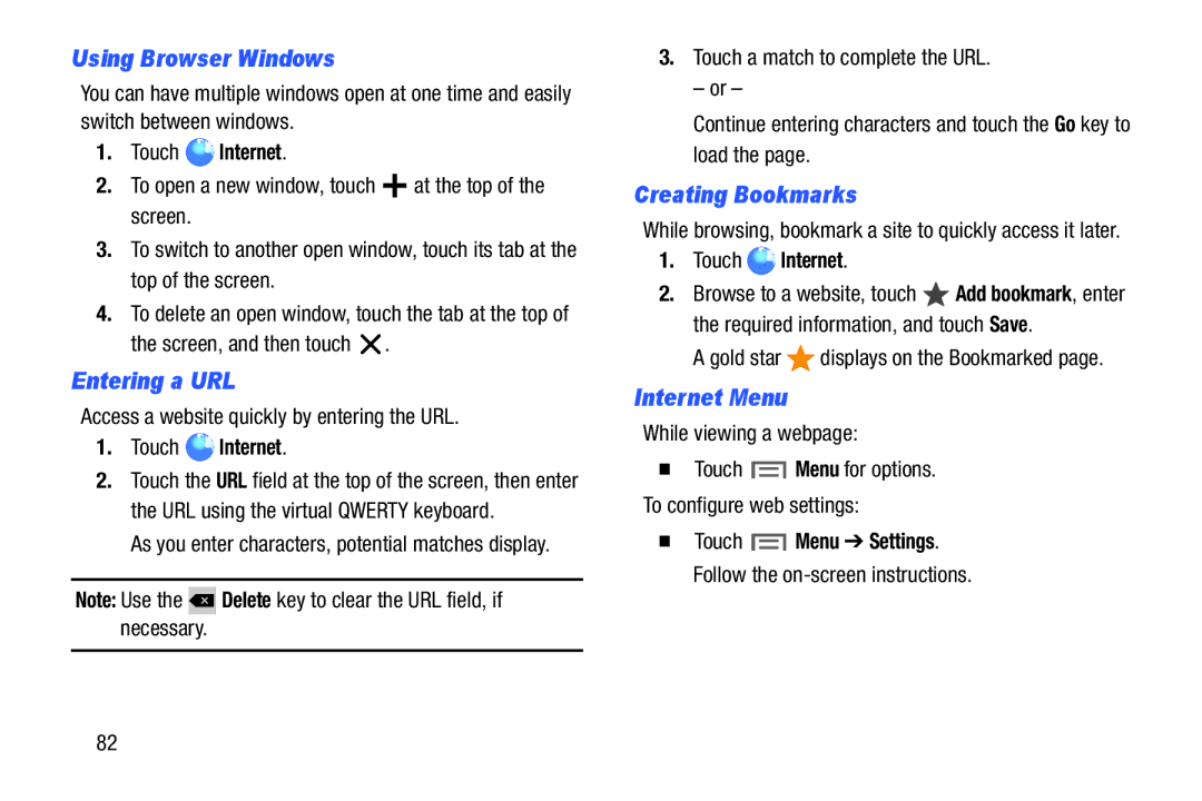 Samsung SMP9000ZKYXAR user manual Using Browser Windows, Entering a URL, Creating Bookmarks, Internet Menu, Touch Internet 